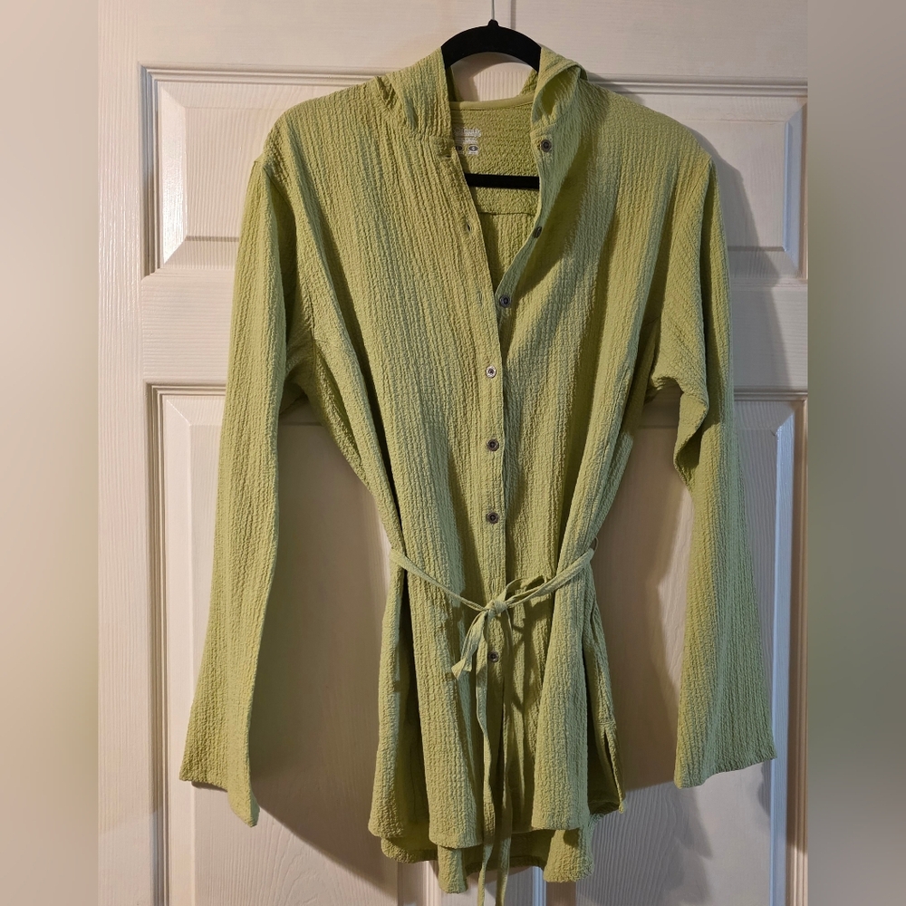 Vintage 1990's Columbia Light Green Button-Front Hooded Tunic w/Tie Waist Sz L